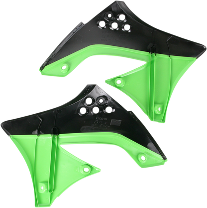 Acerbis radiator shrouds in black and green for off-road motorcycle, designed to protect and enhance bike appearance.