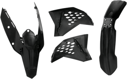 A black Acerbis standard replacement body kit for motorcycles, featuring sleek panels and parts for a custom bike upgrade.