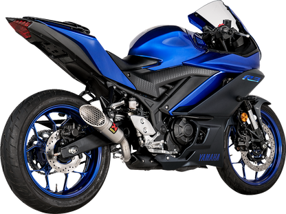 Titanium end cap R3 Akrapovic slip-on exhaust muffler for Yamaha YZF-R3/MT-03 2022-2025, by Bill's Exhausts.