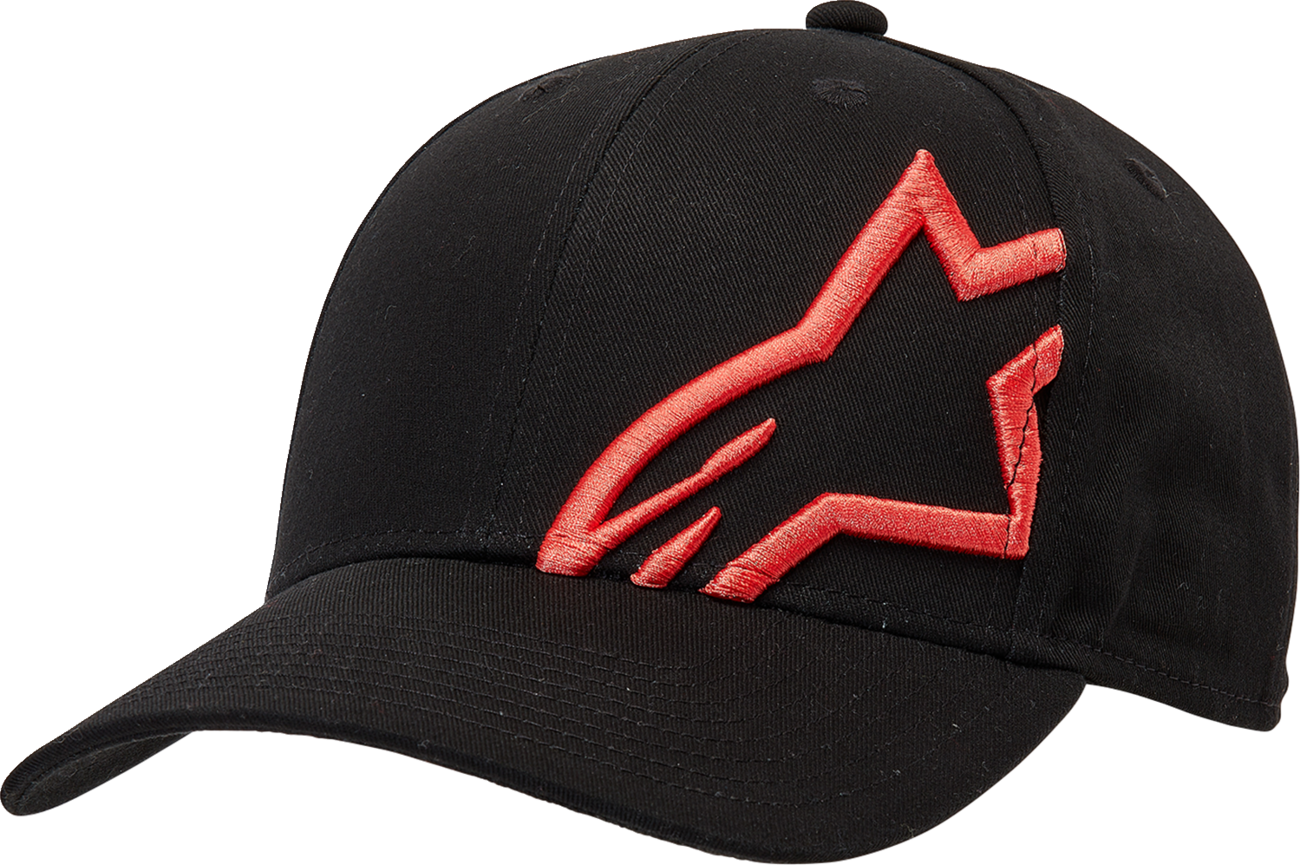 Black and warm red Alpinestars Corp Snap 2 Hat with adjustable strap and embroidered logo, one size fits most.