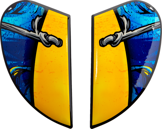 Blue ICON Airform™ Side Plates for Brozak helmet, made by Bill's Exhausts, shown in a close-up image of the helmet's side.