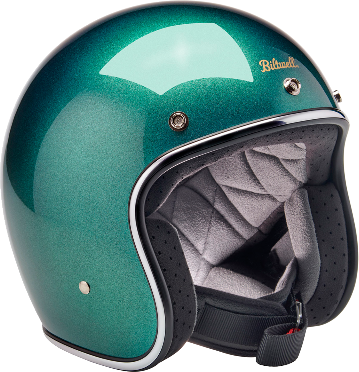 BILTWELL Bonanza helmet in metallic Catalina Green, medium size, with a shiny finish and sleek design.