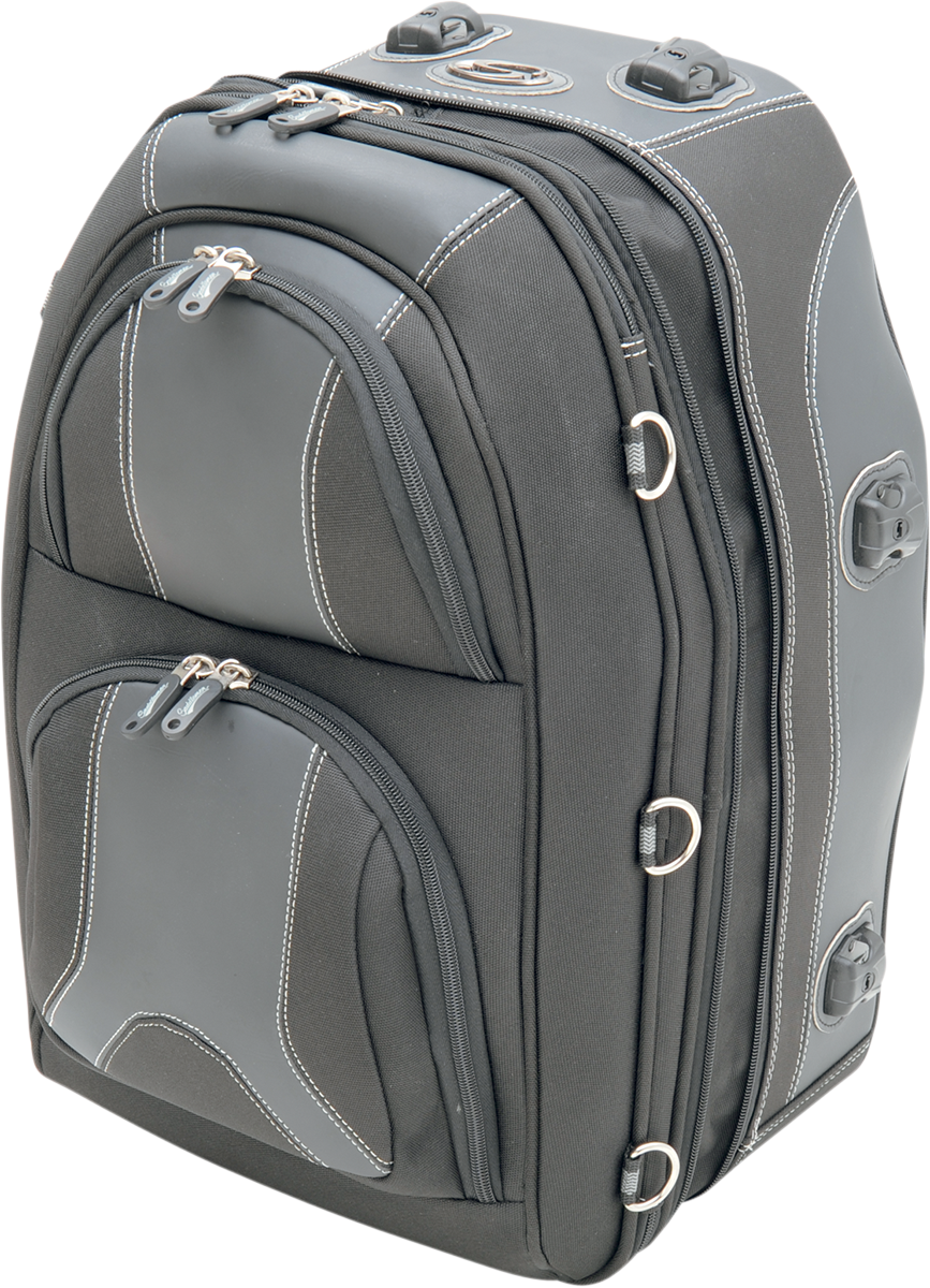 Bill's Exhausts Saddlemens Pillion and Rear Rack Luggage Bag mounted on motorcycle seat, with durable fabric and secure attachment points.