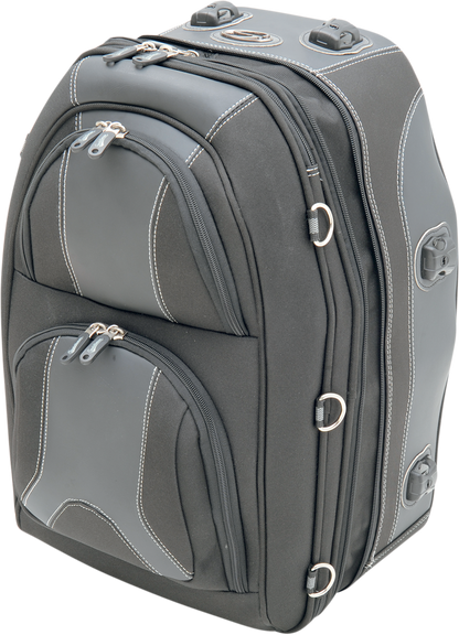 Bill's Exhausts Saddlemens Pillion and Rear Rack Luggage Bag mounted on motorcycle seat, with durable fabric and secure attachment points.