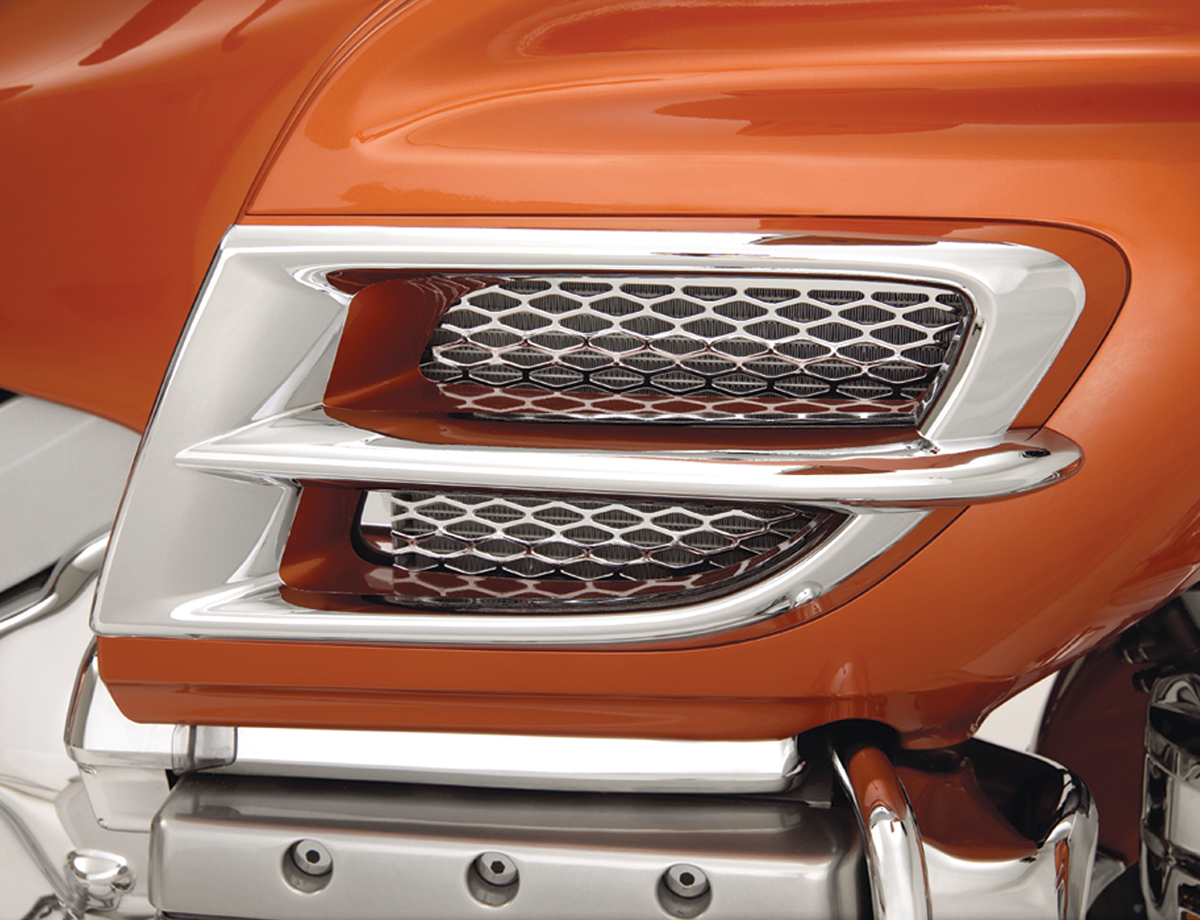 Bill's Exhausts Show Chrome Side Fairing Accents for engine, featuring shiny chrome finish with detailed design.