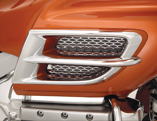 Bill's Exhausts Show Chrome Side Fairing Accents for engine, featuring shiny chrome finish with detailed design.