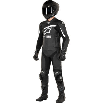 Alpinestars GP Plus R v4 Airflow leather motorcycle jacket in black and white, shown on a mannequin, US 38 / EU 48.