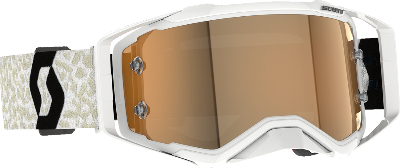 Scott Prospect Amplifier Goggle in white and black with gold chrome lens, designed for motorcycle riding.