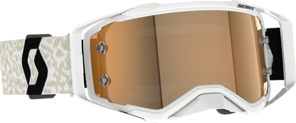 Scott Prospect Amplifier Goggle in white and black with gold chrome lens, designed for motorcycle riding.