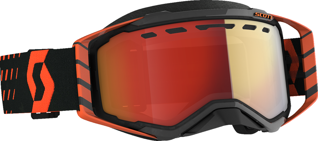 Scott Prospect snow goggles in orange and black with enhancer red chrome lenses, designed for winter sports.