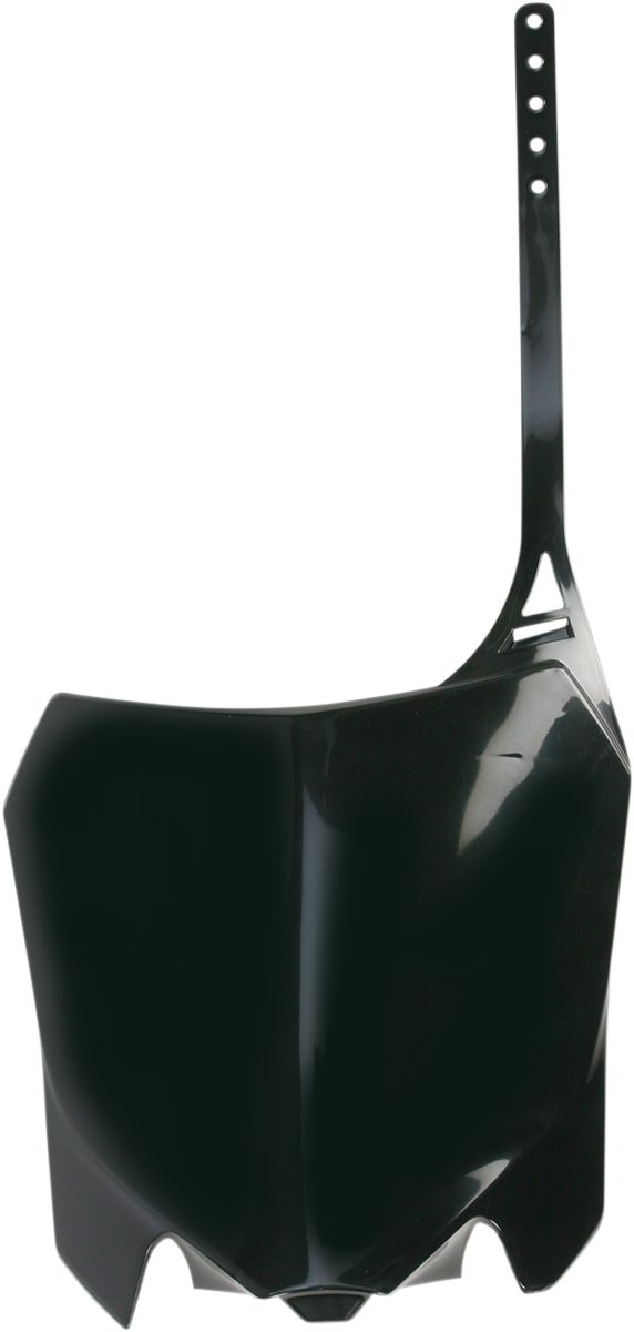 Black Acerbis front number plate for motorcycles, mounted on a body panel, featuring the Acerbis logo and sleek design.