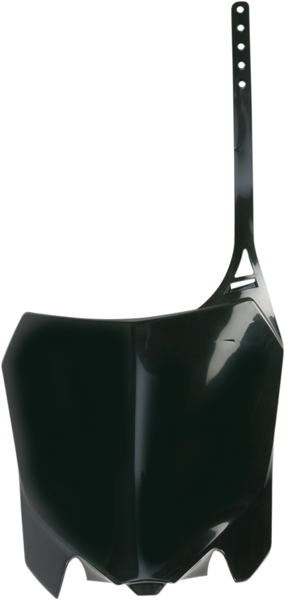 Black Acerbis front number plate for motorcycles, mounted on a body panel, featuring the Acerbis logo and sleek design.