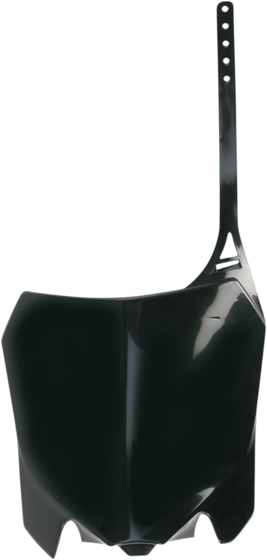 Black Acerbis front number plate for motorcycles, mounted on a body panel, featuring the Acerbis logo and sleek design.
