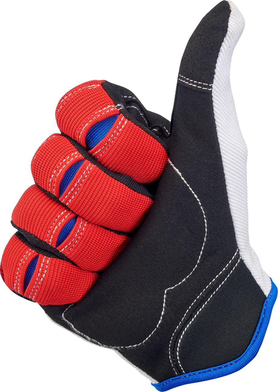 Bill's Exhausts BILTWELL Moto Gloves in red, white, and blue, small size, showing padded leather design for motorcycle riding.