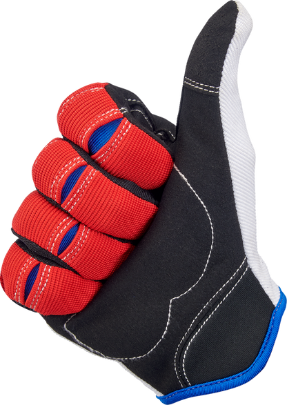 Bill's Exhausts BILTWELL Moto Gloves in red, white, and blue, small size, showing padded leather design for motorcycle riding.
