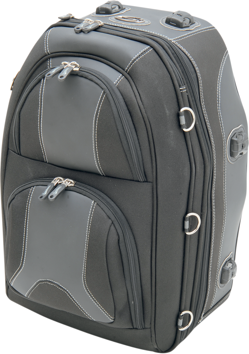 Bill's Exhausts Saddlemens pillion and rear rack luggage bag attached to motorcycle seat, black fabric with straps and storage compartments.