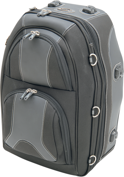 Bill's Exhausts Saddlemens pillion and rear rack luggage bag attached to motorcycle seat, black fabric with straps and storage compartments.
