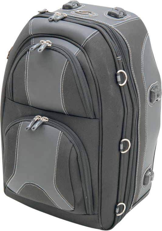 Bill's Exhausts Saddlemens pillion and rear rack luggage bag attached to motorcycle seat, black fabric with straps and storage compartments.