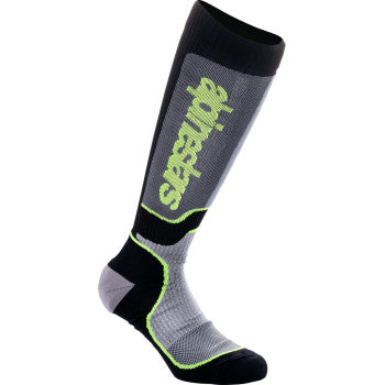 Alpinestars Youth MX Plus socks in black, gray, and yellow, medium/large size, featuring cushioned ankle and reinforced accents.