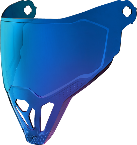 Bill's Exhausts ICON Airflite™ ForceShield™ helmet part in RST blue, showing close-up of the helmet's shield and blue detailing.