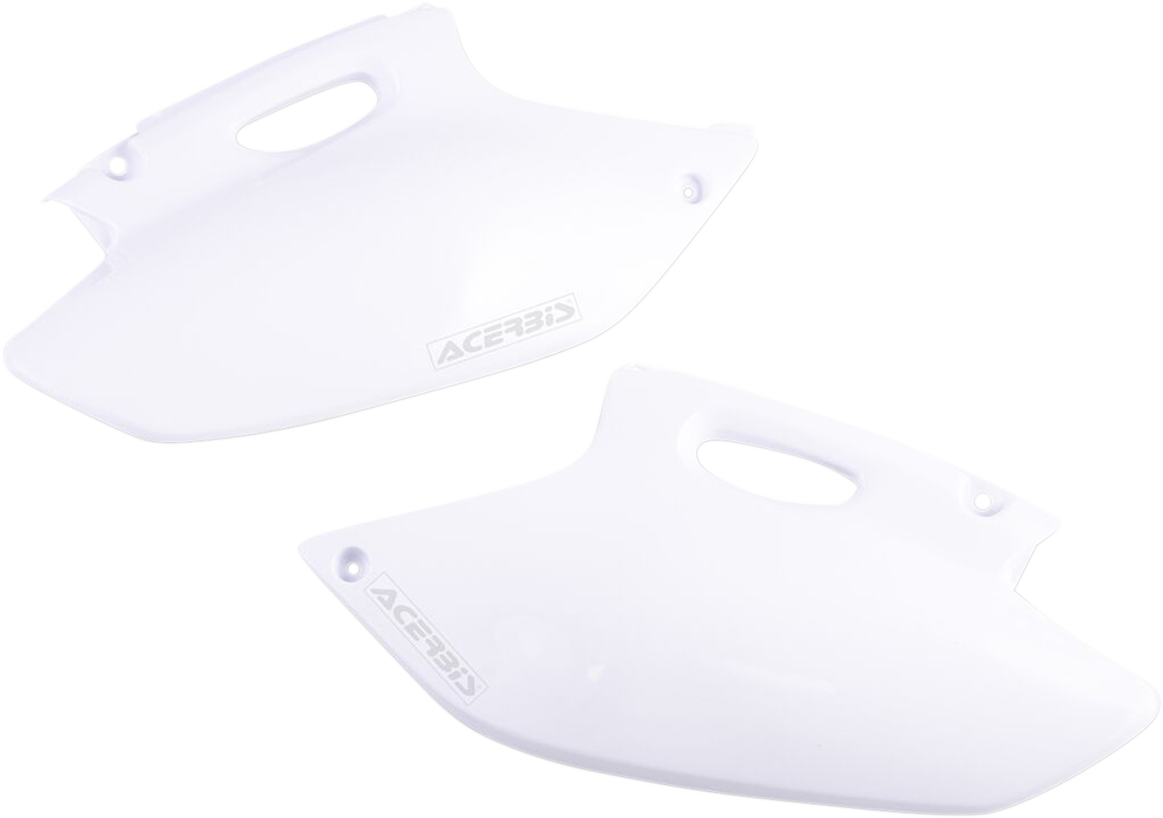 White Acerbis side panels for motorcycle body, with mounting points, designed for durable fit and finish.