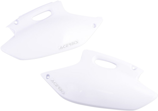 White Acerbis side panels for motorcycle body, with mounting points, designed for durable fit and finish.