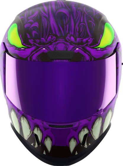 Bill's Exhausts ICON Airform™ Helmet Manik'RR MIPS® purple XL helmet with vents and adjustable straps, shown from side view.