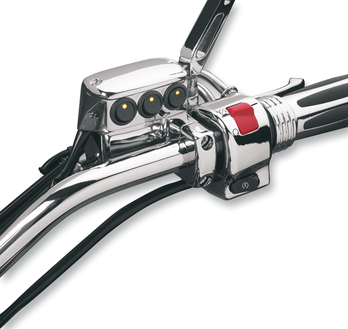 Chrome switch block assembly for clutch side engine, Bill's Exhausts Show Chrome 52-605LA, with detailed chrome finish and mounting features