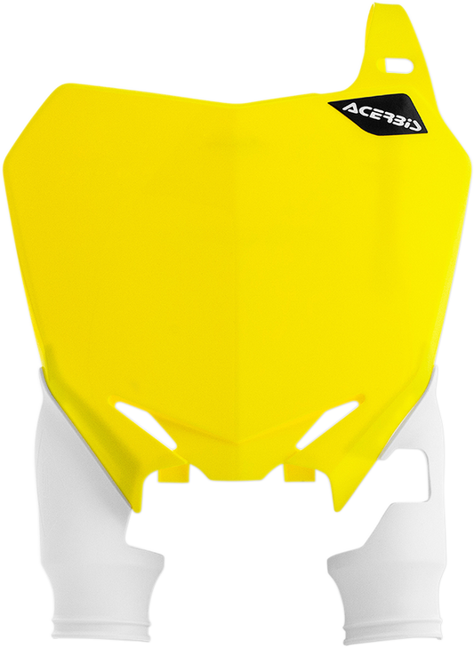Yellow Acerbis Raptor number plate for '02 RM motorcycle, designed for body customization and durable brand quality.