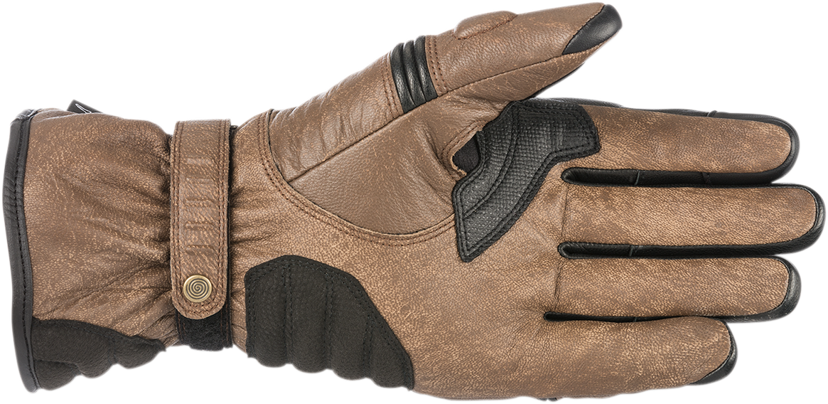 Alpinestars Café Divine Drystar leather motorcycle gloves in brown and black, size 2XL, with reinforced knuckles and adjustable wrist straps.