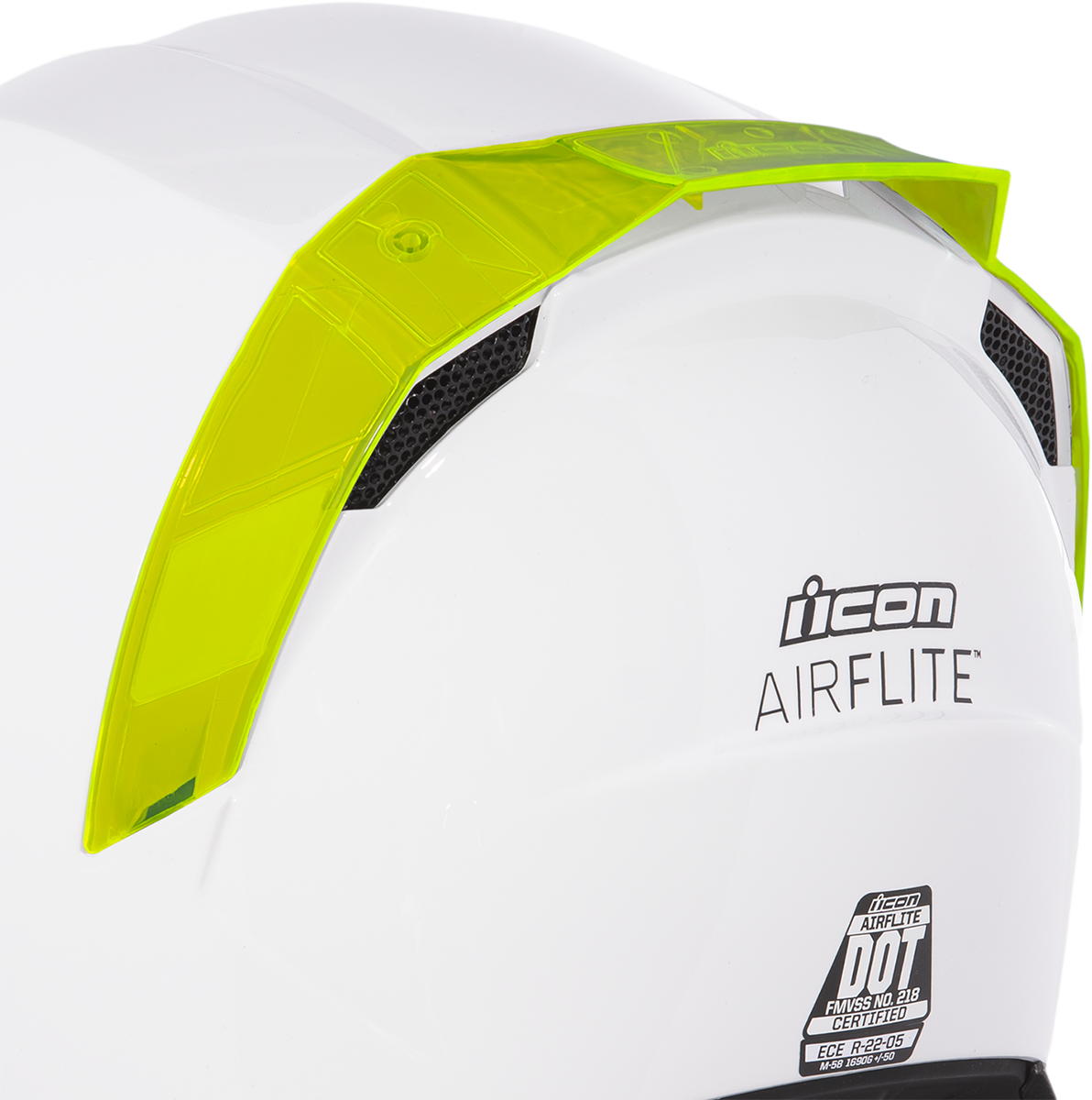 Bill's Exhausts ICON Airflite™ rear spoiler in vibrant Dayglo Green, designed for helmet customization and aerodynamic enhancement.