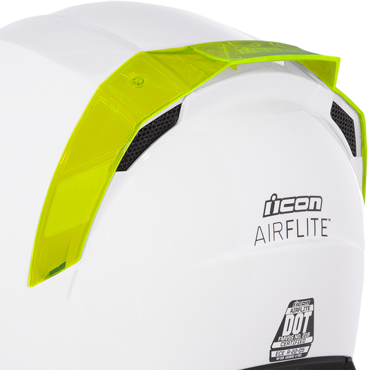 Bill's Exhausts ICON Airflite™ rear spoiler in vibrant Dayglo Green, designed for helmet customization and aerodynamic enhancement.