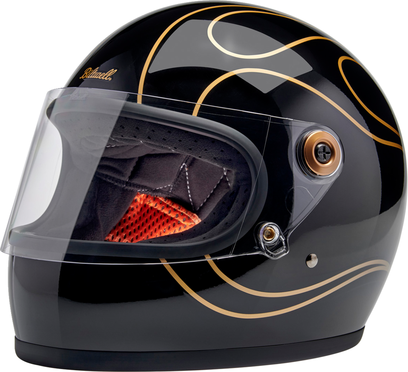 BILTWELL Gringo S helmet in gloss black with flame design, small size, featuring a streamlined motorcycle helmet style.
