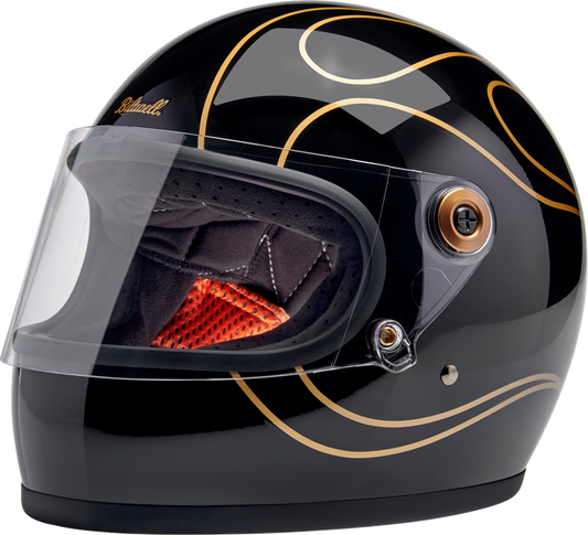 BILTWELL Gringo S helmet in gloss black with flame design, size XL, featuring a sleek motorcycle helmet style with flame graphics.