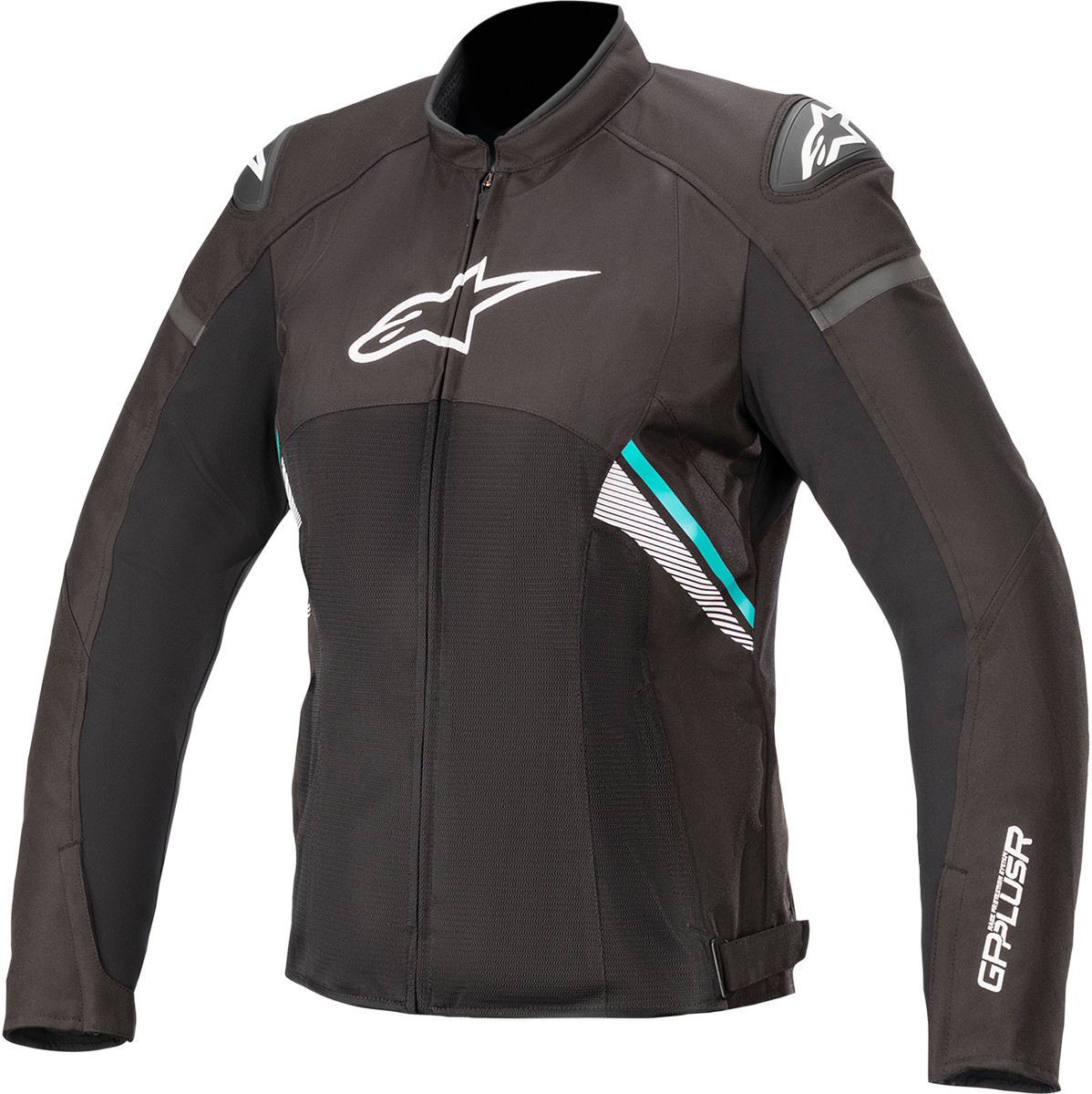 Alpinestars Stella T-GP Plus R v3 Air motorcycle jacket in black, white, and teal, size large, with protective armor visible.