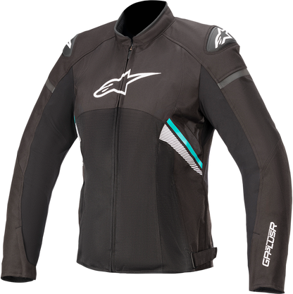 Alpinestars Stella T-GP Plus R v3 Air motorcycle jacket in black, white, and teal, size large, with protective armor visible.