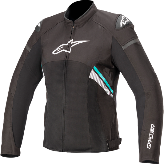 Alpinestars Stella T-GP Plus R v3 Air Motorcycle Jacket in black, white, and teal, displayed on a hanger.