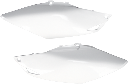 White Acerbis side panels for motorcycle body, featuring sleek design and brand logo, designed for durable fit and style.