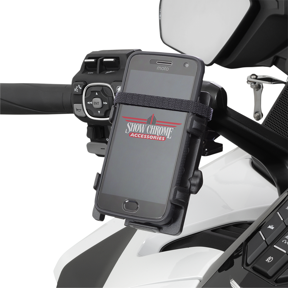Black Bill's Exhausts Show Chrome handlebar mount phone and GPS holder for Honda GL1800 motorcycle, engine-mounted.