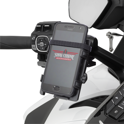 Black Bill's Exhausts Show Chrome handlebar mount phone and GPS holder for Honda GL1800 motorcycle, engine-mounted.