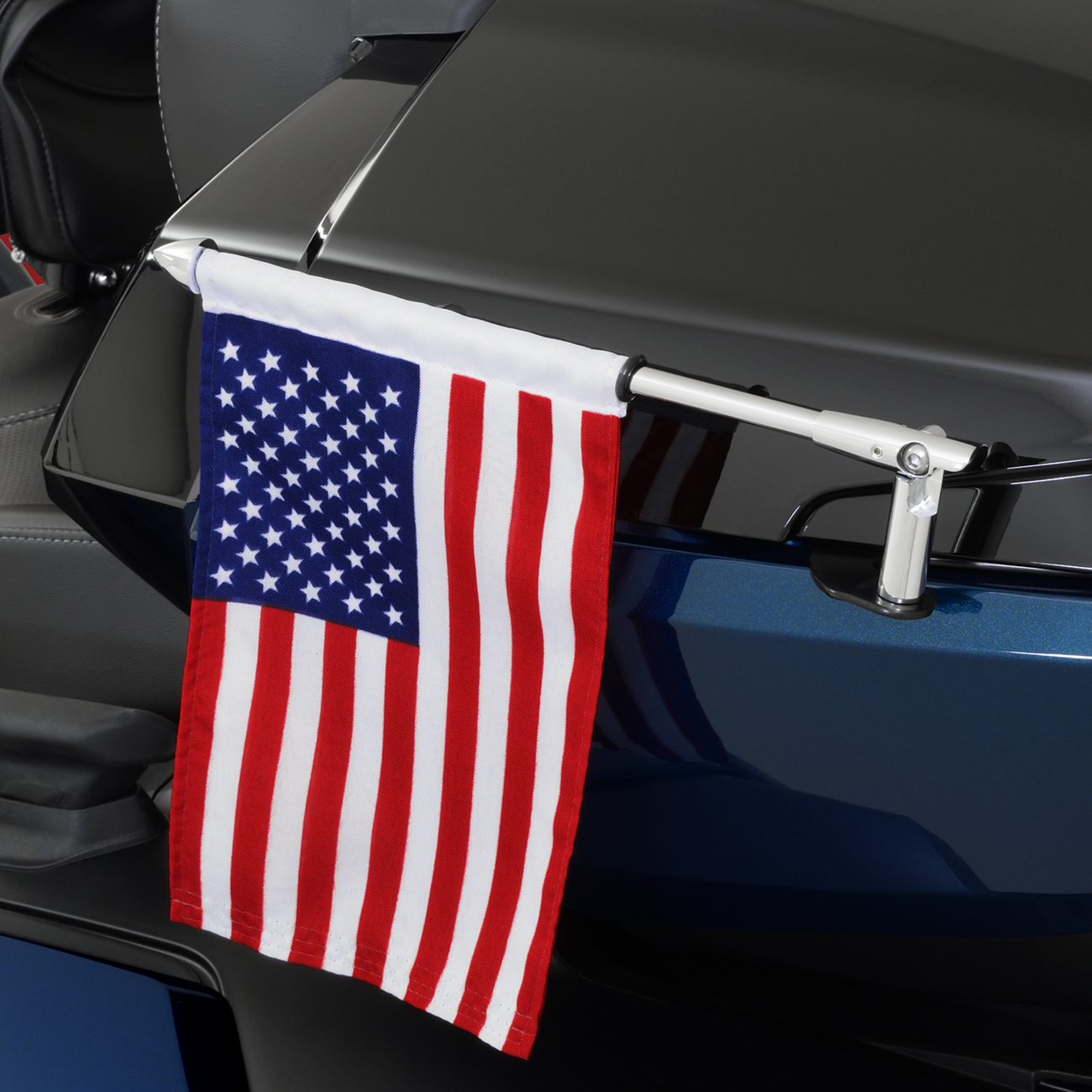 Bill's Exhausts SHOW CHROME Folding Flag Pole Engine model, left 41-203L, with chrome finish and compact folding design
