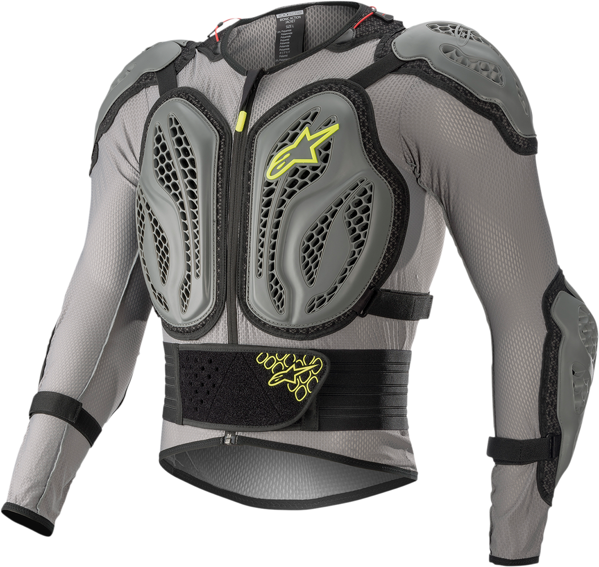 Alpinestars Bionic Action Jacket in gray and yellow, medium size, featuring protective armor and sporty design.