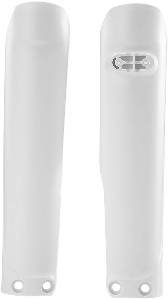 White Acerbis lower fork covers for inverted motorcycle forks, designed for durable body protection.