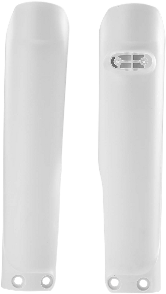 White Acerbis lower fork covers for inverted motorcycle forks, designed for durable body protection.