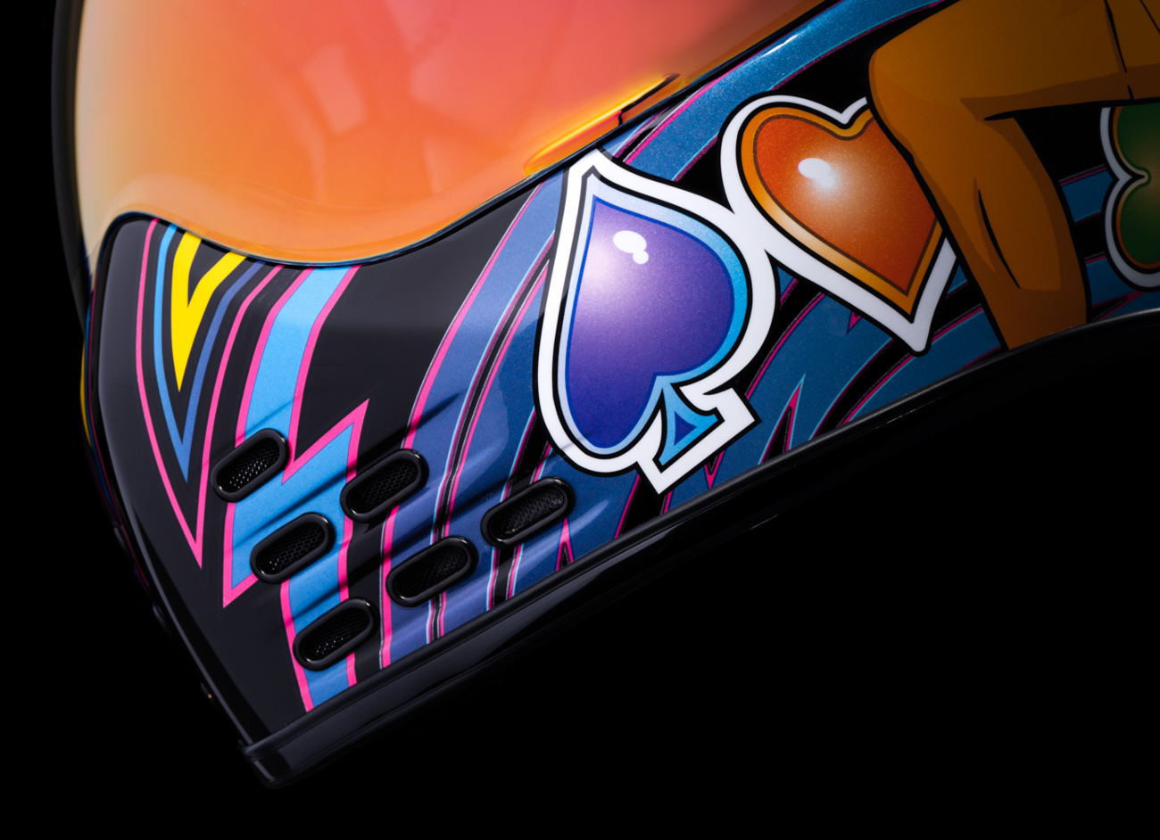 Red ICON Domain™ Helmet Lucky Lid 4 in medium size, featuring a sleek design and vibrant color, displayed on a plain background.
