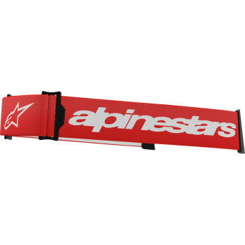 Alpinestars Supertech goggles strap in red and white with branding, displayed on a plain background.
