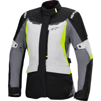 Alpinestars Stella ST-1 waterproof motorcycle jacket in ice gray, black, and yellow fluo with XS size, shown on a hanger.