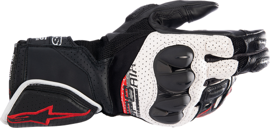 Alpinestars SP-8 V3 Air gloves in black, white, and bright red, size XL, with protective knuckles and breathable mesh fabric.