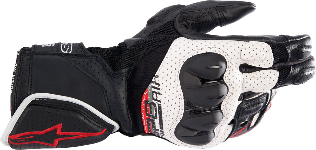 Alpinestars SP-8 V3 Air motorcycle gloves in black, white, and bright red, large size, with protective knuckles and breathable design.