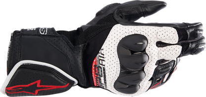 Alpinestars SP-8 V3 Air motorcycle gloves in black, white, and bright red, large size, with protective knuckles and breathable design.